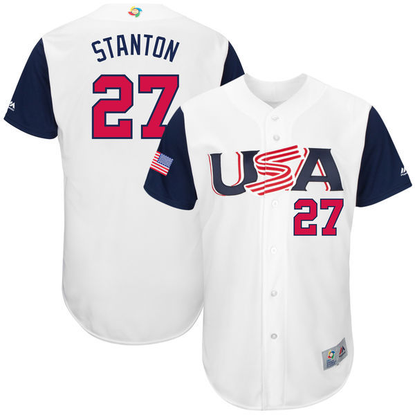 customized Men USA Baseball #27 Giancarlo Stanton Majestic White 2017 World Baseball Classic Authentic Jersey->more jerseys->MLB Jersey